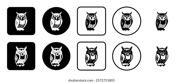 Icon set of owl symbol. Filled, outline, black and white icons set, flat style.  Vector illustration on white background