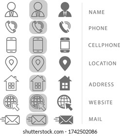 Icon set pack with black and white. Contact information icons for business cards and websites. vector editable. eps 10