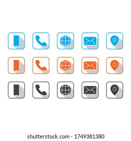 Icon Set Pack mit Blau, Orange und Grau. Kontaktieren Sie die Icons für Visitenkarten und Webseiten. Vektorgrafik eps10