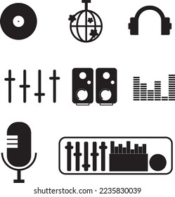 
icon set pack vector hd 2d black and white DJ music equipment such as discs, party lights, microphones and sound systems