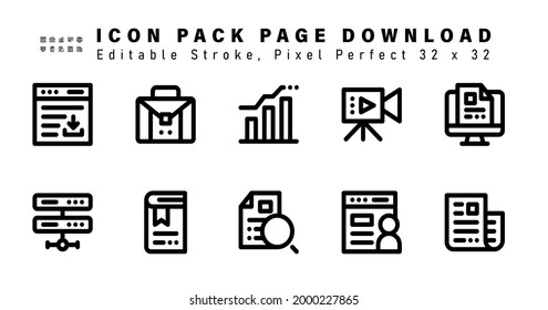 Icon Set of Page Download Line Icons. Contains such Icons as Online Course, Data Network, Bookmark, Keyword Search etc. Editable Stroke. 32 x 32 Pixel Perfect