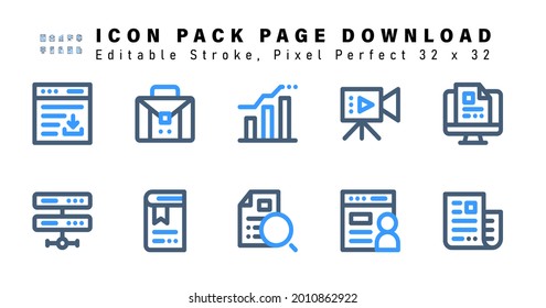 Icon Set of Page Download Two Color Icons. Contains such Icons as Online Course, Data Network, Bookmark, Keyword Search etc. Editable Stroke. 32 x 32 Pixel Perfect