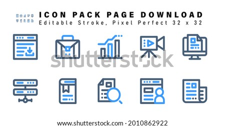 Icon Set of Page Download Two Color Icons. Contains such Icons as Online Course, Data Network, Bookmark, Keyword Search etc. Editable Stroke. 32 x 32 Pixel Perfect