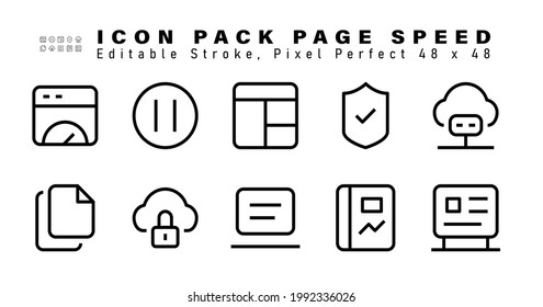 Conjunto de iconos de los iconos de la línea de velocidad de la página. Contiene iconos como base de datos, contenido, seguridad en la nube, portátil, etc. 48x48 Perfecto para píxeles