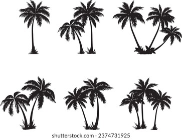 icon set set of palm tree or Arecaceae, propical branch, beach, bush 