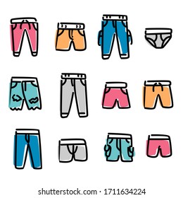 Conjunto de iconos de pantalones. Jeans, pantalones cortos, pantalones de carga, boxeador, pantalones de entrenamiento, ropa interior y baúles. Color de icono del vector