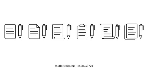 Icon set of paper and pen.  Simple line icon of Notepad symbol. Notebook with some text. Paper and stationery icon vector illustration in transparent background. Editable stroke. Eps10