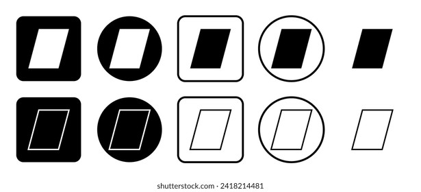 Icon set of parallelogram symbol. Filled, outline, black and white icons set, flat style.  Vector illustration on white background