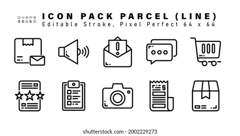 Icon Set of Parcel Line Icons. Contains such Icons as Online Shopping, Favorite Document, Mark List, Photography etc. Editable Stroke. 64 x 64 Pixel Perfect
