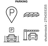 icon set with parking location pin, parking cars, parking space and parking barrier gate in black and white vector