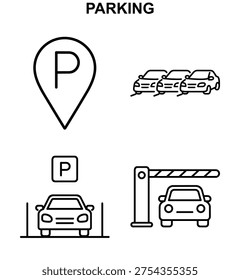 icon set with parking location pin, parking cars, parking space and parking barrier gate in black and white vector