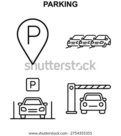 icon set with parking location pin, parking cars, parking space and parking barrier gate in black and white vector