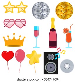 Icon Set Party. Disco ball and cocktails. Vector illustration
