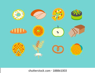 Icon set with pastries. Flat design. Bread, loaf, donut, pizza, cake, pie, sugar apple, spikelets of wheat, bagel, burger, cupcake. flat food set