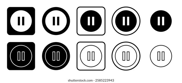 Icon set of pause symbol. Filled, outline, black and white icons set, flat style.  Vector illustration on white background