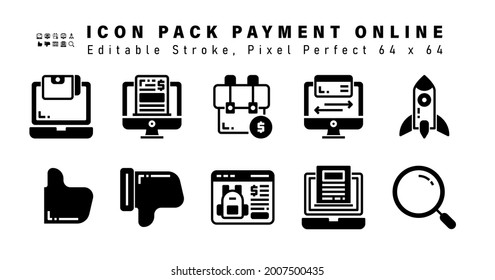 Icon Set of Payment Online Glyph Icons. Contains such Icons as Rocket, Like, Dislike, E Commerce etc. Editable Stroke. 64 x 64 Pixel Perfect