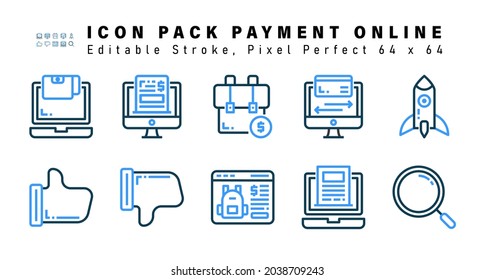 Icon Set of Payment Online Two Color Icons. Contains such Icons as Rocket, Dislike, Like, E Commerce etc. Editable Stroke. 64 x 64 Pixel Perfect