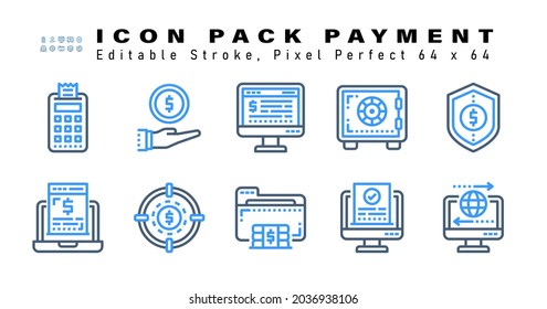 Icon Set of Payment Two Color Icons. Contains such Icons as  Secure Coins, Online Finance, Target Money, Save Money etc. Editable Stroke. 64 x 64 Pixel Perfect