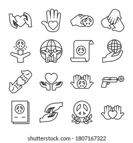 conjunto de iconos de paz y esferas globales sobre fondo blanco, estilo de línea, ilustración vectorial