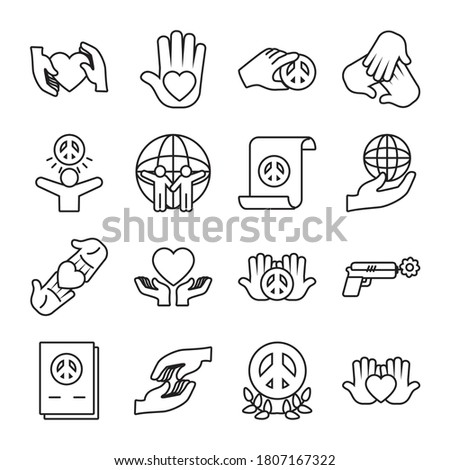 icon set of peace and global spheres over white background, line style, vector illustration