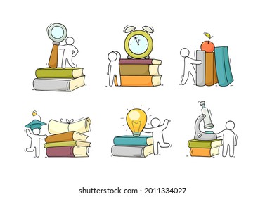 Icon Set of people with books stacks. Doodle cartoon scene about reading. Hand drawn vector illustration for education design isolated on white.