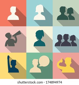 Icon set of people in communication concept, in flat design with vintage color style. Each layers are separated, easty to edit or change color. 