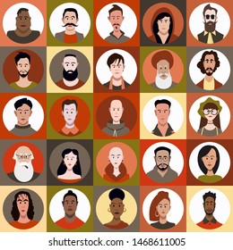 Icon set of people of different races and different age in flat style with faces. Vector woman, male character