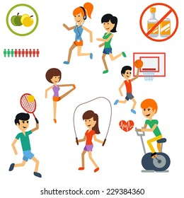 Icon set with people jogging, practising yoga, playing basketball and tennis, spinning exercise bike