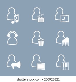Icon set with people and media symbols. Social networking and communication.