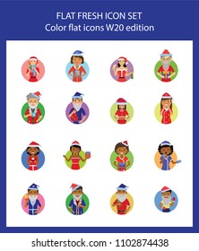 Icon set of people wearing Santa Claus suit with presents. Christmas, masquerade, New Year. Holiday concept. For topics like celebration, party, festival