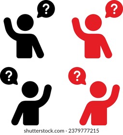 Icon set of person asking question, raising hand, need help, support. Thin line icons, flat vector illustrations. Isolated on white, transparent background