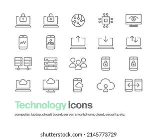 Icon set for personal computers, security, boards, graphs, servers, clouds, etc. A simple icon of line drawing related to IT and business.