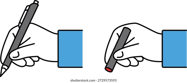 Conjunto de iconos de la mano de una persona usando un bolígrafo o sello para firmar un contrato o aplicar