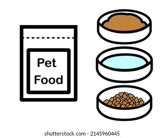 An icon set of pet food, dry food, and water in a bowl with white background