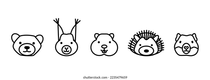 Icon set of pet. Outline collection consists of cartoon faces: ferret, squirrel, marmot, hedgehog, gopher. Vector illustration in line style for vet and pet shop