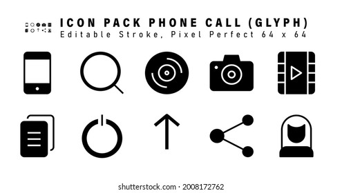 Icon Set of Phone Call Glyph Icons. Contains such Icons as Music Player, Copy, Shutdown, Share etc. Editable Stroke. 64 x 64 Pixel Perfect