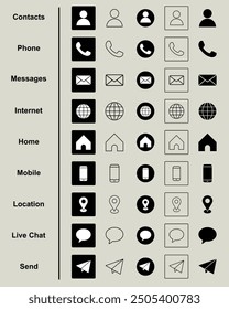 Icon set phone, contact, web, home, email, location, send, share, chat, message, telephone, browser, address, mobile, communication editable vector icon collection