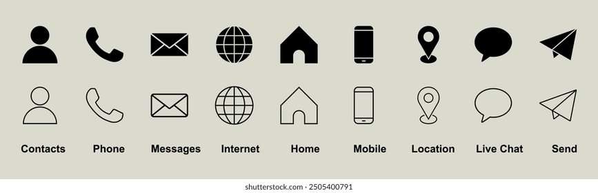 Symbol-Set Telefon, Kontakt, Web, Zuhause, E-Mail, Ort, senden, teilen, chat, Nachricht, Telefon, Browser, Adresse, Handy, Kommunikation editierbare Vektorsymbol-Sammlung