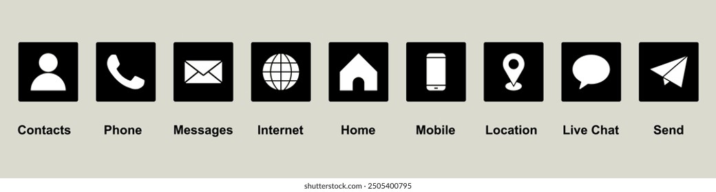 Icon set phone, contact, web, home, email, location, send, share, chat, message, telephone, browser, address, mobile, communication editable black vector icons