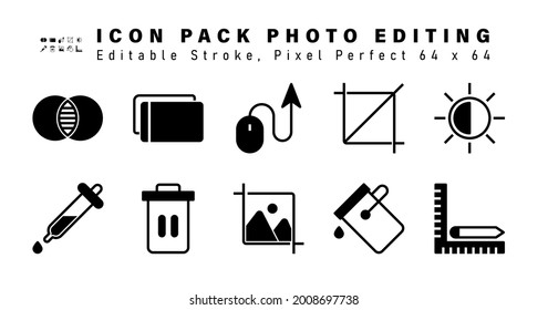 Icon Set of Photo Editing Glyph Icons. Contains such Icons as Brightness, Dropper, Delete, Image etc. Editable Stroke. 64 x 64 Pixel Perfect