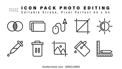 Icon Set of Photo Editing Line Icons. Contains such Icons as Brightness, Dropper, Delete, Image etc. Editable Stroke. 64 x 64 Pixel Perfect