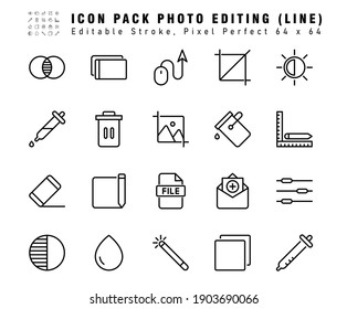 Conjunto de iconos de iconos de línea de vectores de edición de fotos. Contiene iconos como borrador, pintura, ajuste, etc. 64x64 Pixel Perfecto