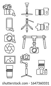 Icon set Photographer and mobile and camera and dslr and shutter and image and lens and gimbal and Tripod. Editable and scalable photographer icons.