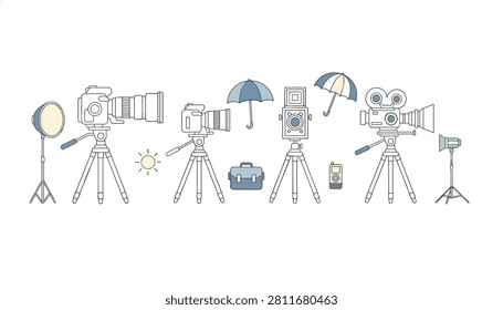 Icon set of photography and videography gear featuring cameras, tripods, umbrellas, and a travel bag in a clean minimalist line style.