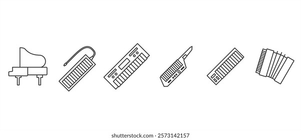 Icon set of piano and keyboard in line style, Keyboard icon. Electric piano vecor. Modern keyboad icon vector illustration in transparent background. Editable stroke vector. Eps10