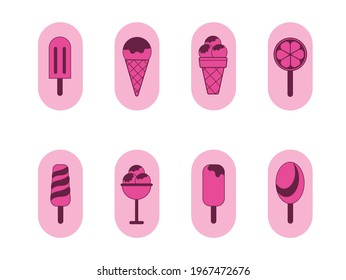 Icon set, pink silhouettes of different varieties of ice cream. Ice cream on a stick, vanilla chocolate popsicle, waffle cup sorbet, ice cream balls with syrup. Vector illustration