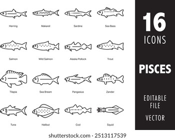 Icon set Pisces fish outline vector