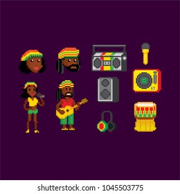 icon set. Pixel art. Old school computer graphic style. 8 bit video game. game element.