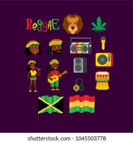 icon set. Pixel art. Old school computer graphic style. 8 bit video game. game element.