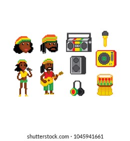 icon set. Pixel art. Old school computer graphic style. 8 bit video game. game element.